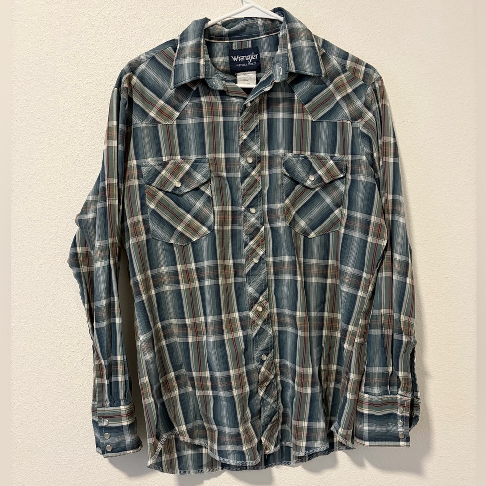 Wrangler Western Shirt Pearl Snap Plaid Long Sleeve Blue Green Medium